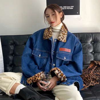 

Flannel Splicing Jacket Female Denim Coat 2020 New Style Korean Style Loose Autumn and Winter Plus Velvet Cotton Coat
