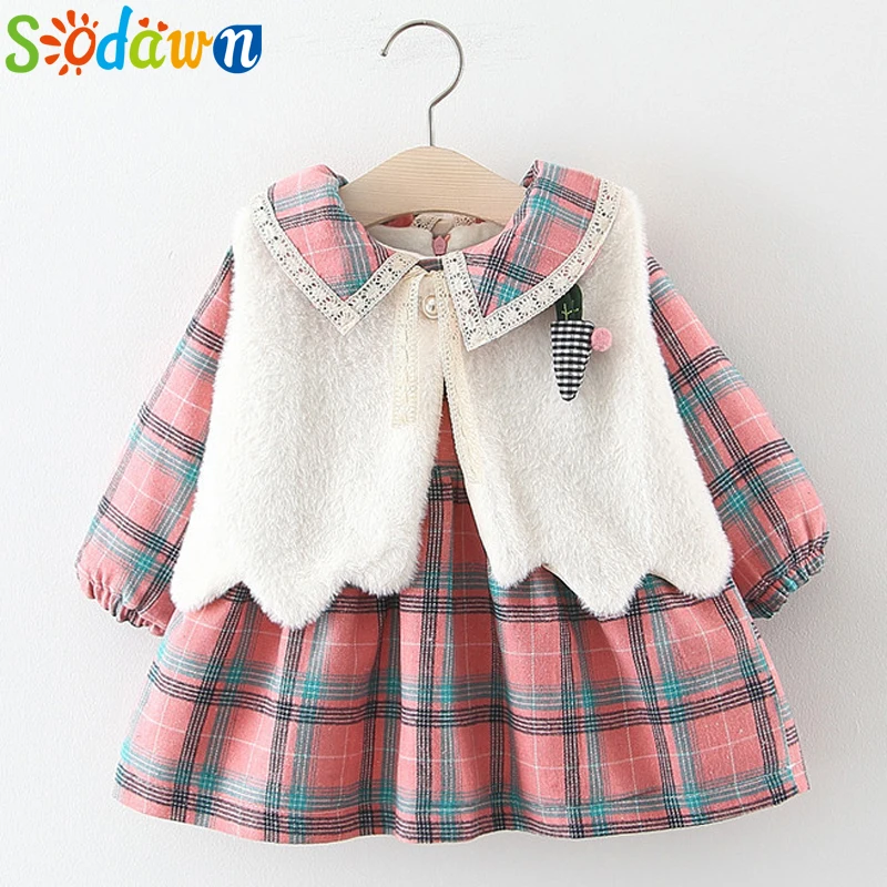 Sodawn Kids Girl Clothes Girl Dress Winter Baby Girl Clothing Sets Infant Toddler Costume Vest+Plaid Dress 2pcs Clothing Sets