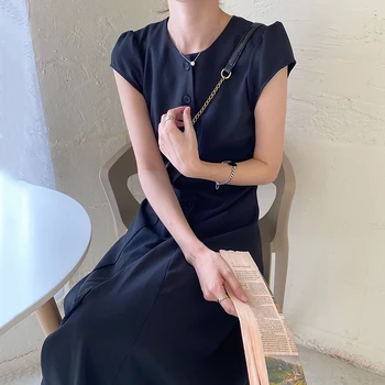 

YAMDI elegant summer short sleeve vintage midi dress women dresses a-line party woman korean 2020 new solid chic loose high wais