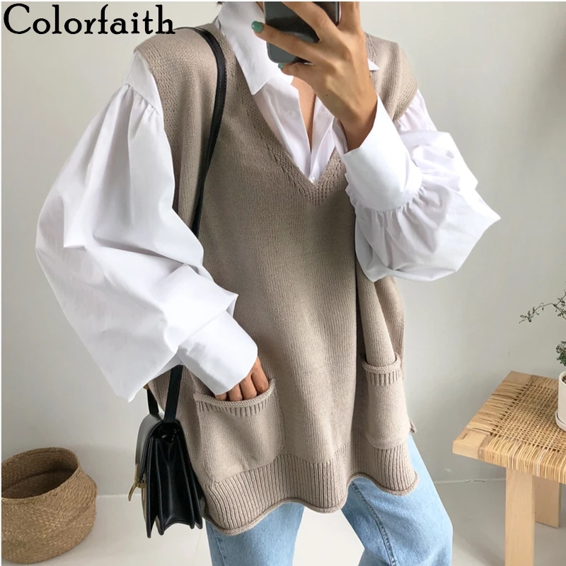 

Colorfaith 2020 New Autumn Winter Women Sweaters Pullover Sleeveless Vest Knitting Pockets Oversize Wild Split Knitwear SWV5183