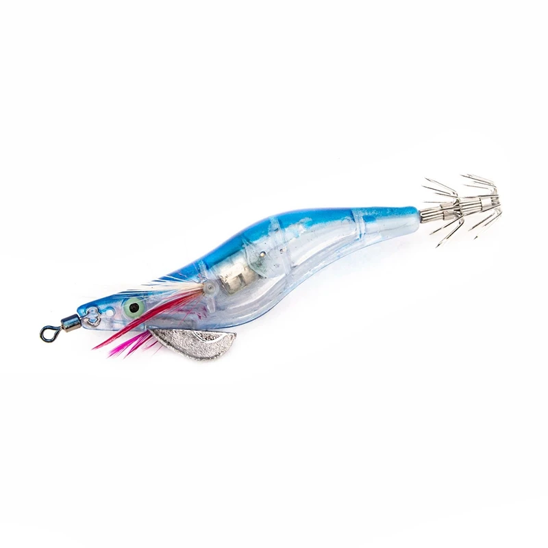 2 Pcs Flashing LED Fishing Lure Flash Light 10Cm Minnow Luminous Squid Jig Shrimp Bait Night Fishing Lure, Blue& Rose Red