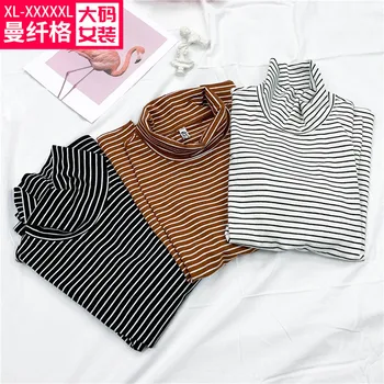 

Manxiange Big Code Women's Wear Plus Fat Increase Code Top 200 Jin Fat Mm Autumn Clothes Stripes Gao Collar Backing Shirt