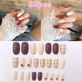 

24pcs Fake Nails Heart-shaped Pattern Acrylic Round Head Fake Nails Tips Decorated For Fashion Nail Art Nails UV Gel Manicure