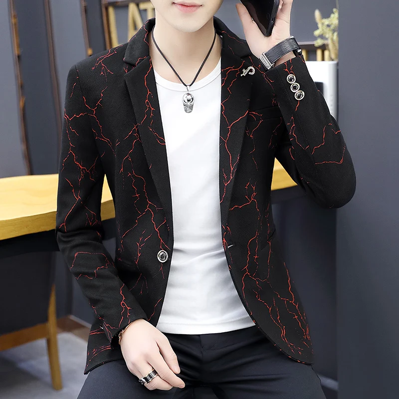 

2020 Spring Printing Men Jacket Masculino Man Blazer Hombre New Pattern Fashion Leisure Korean Slim Fit Sleeve Suit Black