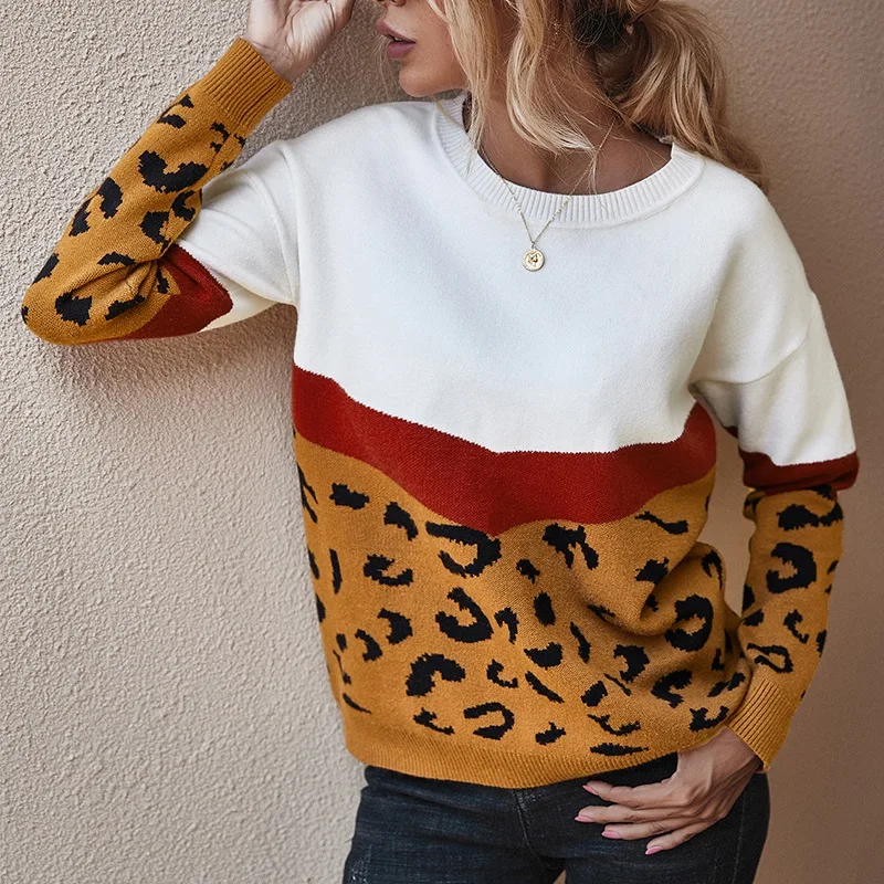 

Autumn Women Casual Sweaters 2020 O-Neck Casual Loose Knitting Tops Long Sleeves Fashion Leopard Sweater