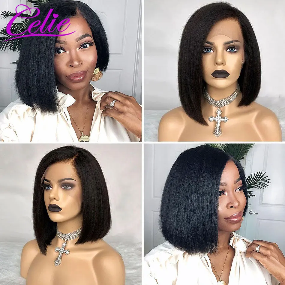 Peluca recta con corte Bob rizado pelucas de cabello humano 150 de densidad 13x4 pelucas de cabello humano con encaje frontal para mujeres negras Celie Yaki Bob peluca con malla frontal