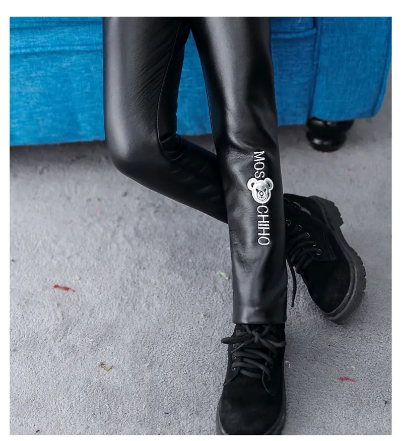 New Winter Girls Leggings Plus Velvet False PU Leather Girls Leggins Cartoon Pencil Pants Trouser