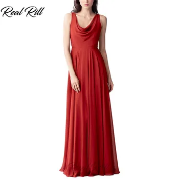 

Real Rill Cowl Neckline Bridesmaid Dresses Zipper Up V-Back Pleated Floor Length Chiffon Wedding Guest Dress For Wedding Party