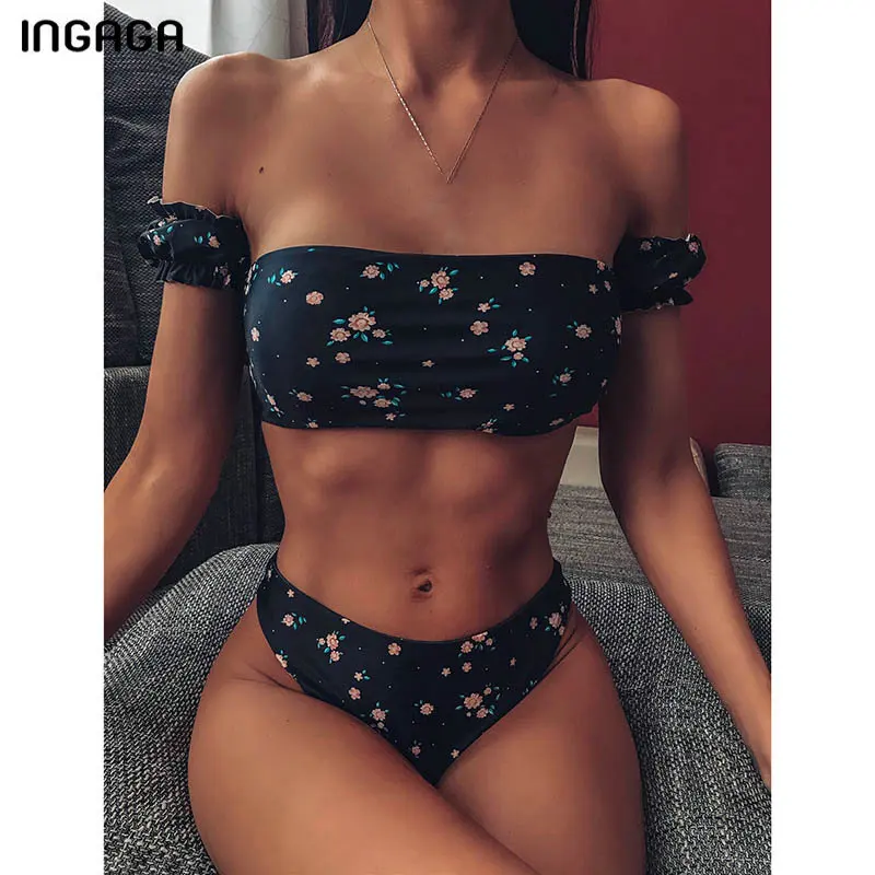 INGAGA High Waist Bikinis 2020 Mujer Off Shoulder Swimsuit Female Sexy Thong High Cut Swimwear Women New Floral Bathing Suit INGAGA High Waist Bikinis 2020 Mujer Off Shoulder Swimsuit Female Sexy Thong High Cut Swimwear Women New Floral Bathing Suit