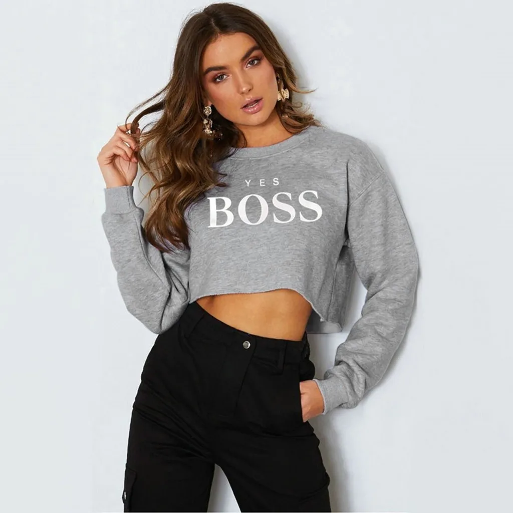 Womail кофты Для женщин Зимняя да с надписью Boss свитшот с принтом Повседневное комфортный круглый вырез Новые короткие элегантный свитшот пуловер - Цвет: GY