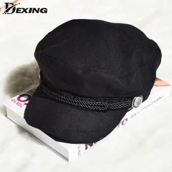 

Fashion wool Solid Black Military Hat Autumn Winter travel Sailor Hat For Women Men top Female cadet hat Captain Cap