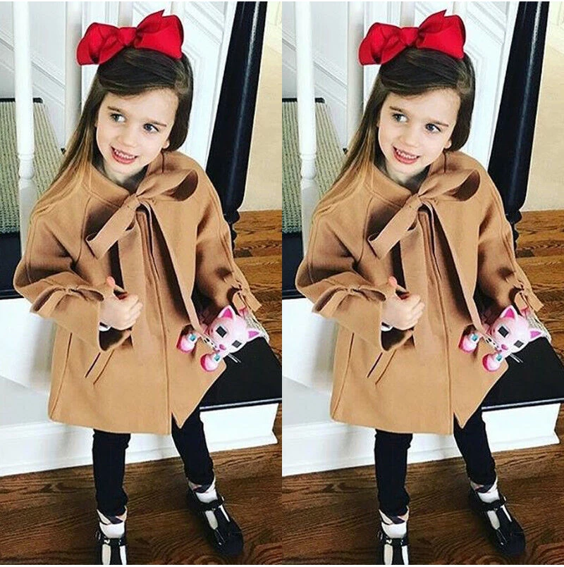 2-8T Toddler Kids Baby Girls Clothes Winter Warm Wool Bowknot Fashion Coat Overcoat Outwear Elegant Jacket Outfits Streetwear