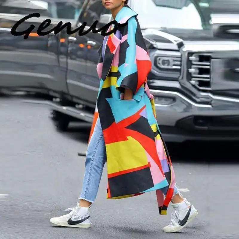 

2019 New Plus Size Designer Color Block Print Long Trench Coat For Women Casual Trench Full Sleeve British Style Autumn Overcoat