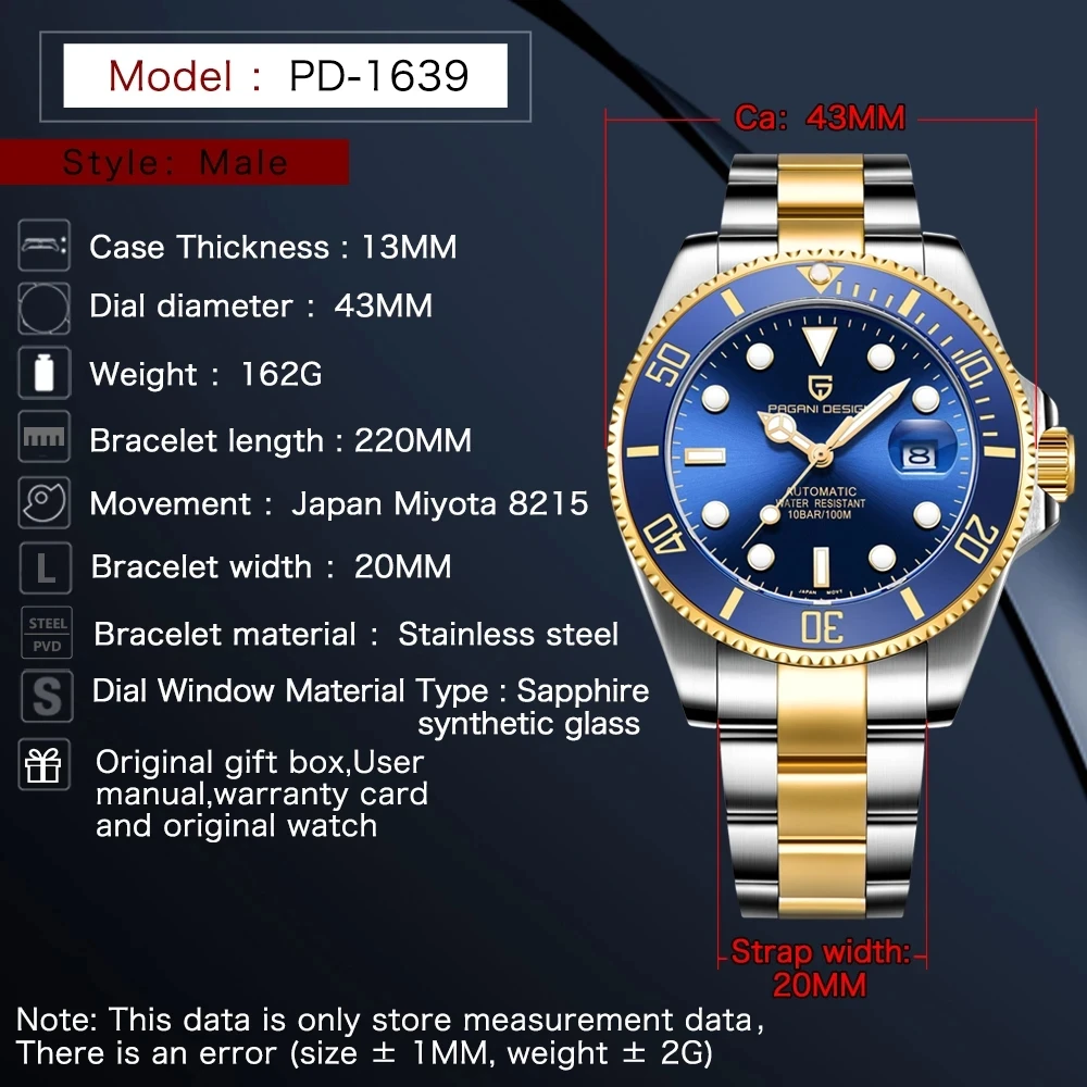 PAGANI DESIGN Water Ghost Series Classic Blue Dial Luxury Men Automatic Watches Stainless Steel 100m Waterproof Mechanical Watch mechanical watch