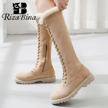 

RIZABINA Real Leather Women Knee Snow Boots Cross Strap Flats Zipper Shoes Round Toe Winter Warm Boots Party Footwear Size 35-40