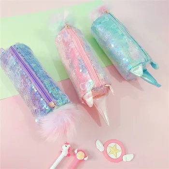 

Women Sequin Unicorn Cosmetic Bag Student Fur Ball Cartoon Glittering Pencil Case Girl Travel Love Star Bow Mermaid Washing Case