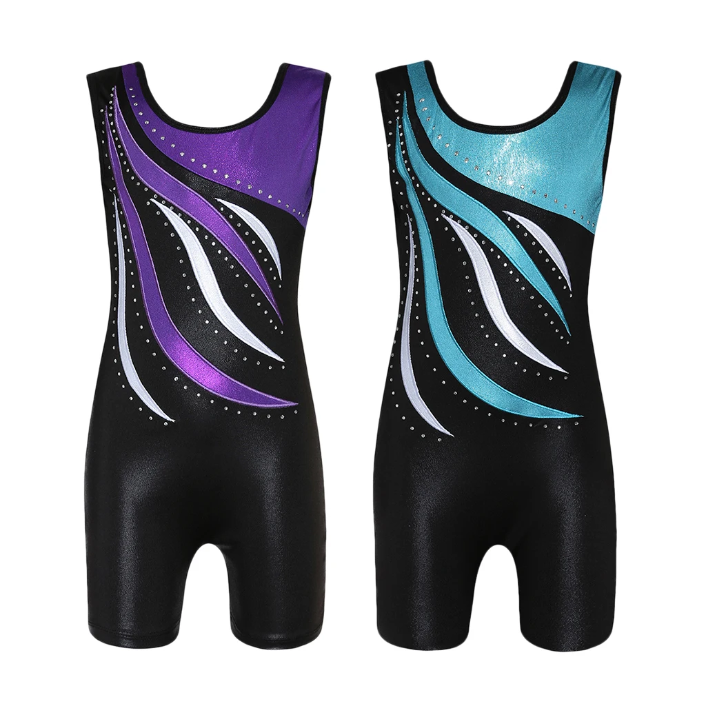 Girls Kids Ballet Dance Gymnastics Leotards Metallic Tank Boy Shorts Sport Unitard Stage Performance Dance Wear