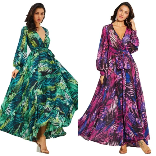 

2020 spring and summer new lantern sleeve v-neck green leaf printing long-sleeved high-waisted womens Bohemian ladys beach dress