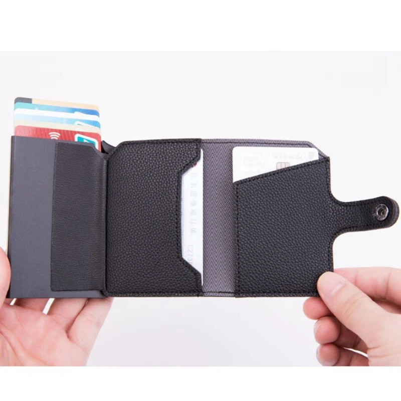 Мужской и женский RFID блокирующий мини-кошелек из искусственной кожи Автоматический скользящий ID держатель для карт s алюминиевый кредитный держатель для карт чехол