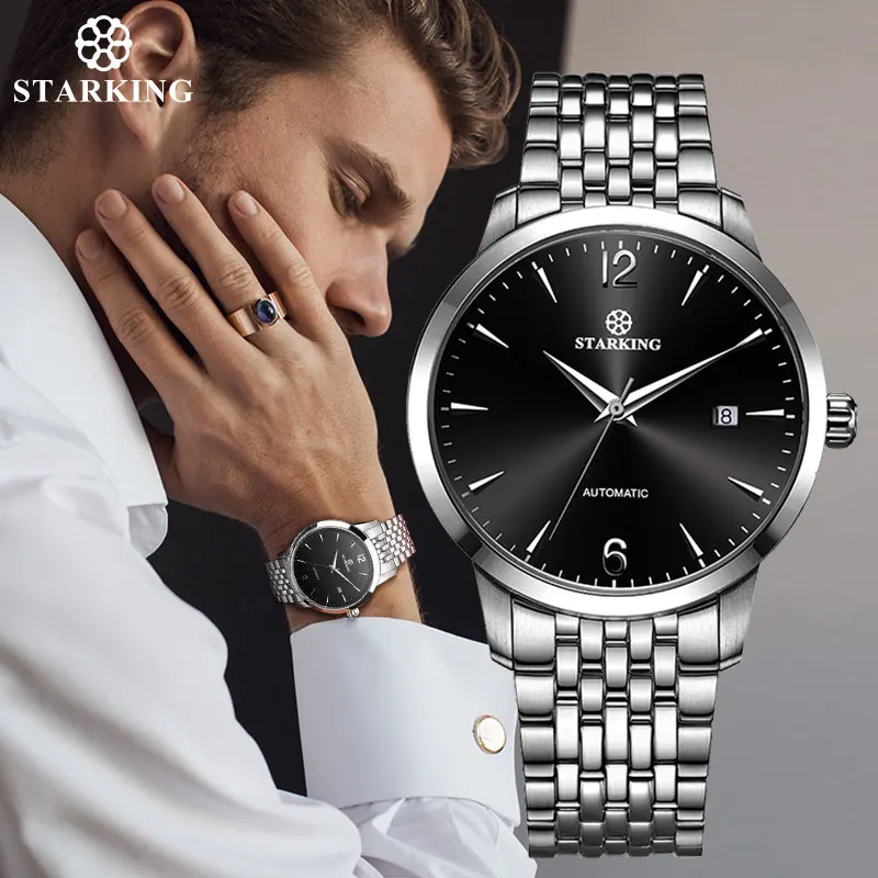 Ceny STARKING męski zegarek mechaniczny sukienka moda 28800 Beats automatyczne self wiatr zegarek ze stali nierdzewnej mężczyzna Relogio 5ATM AM0194