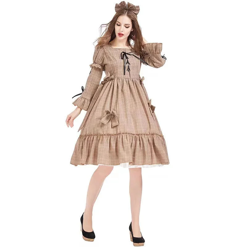 

Beige Plaid Woman Halloween Waitress Lolita Costumes Female Maid Alice Cosplay Carnival Purim Parade Role Play Show Party Dress