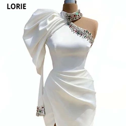 LORIE Arabic Evening Dresses 2021 High Neck Beaded Crystal One Sleeves White Prom Gowns Side Split Satin Mermaid Party Dress