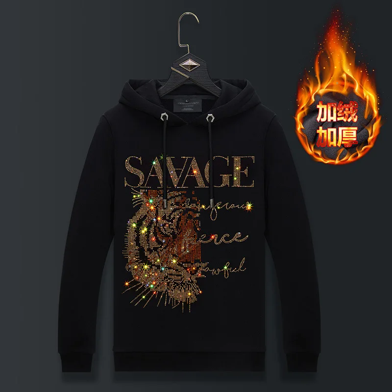 

2024 Tiger Rhinestones Thick Men Hoodie Sweatshirt Fashion Streetwear Belt Hooded Hoodie Mens Winter Clothes Ropa Para Hombre