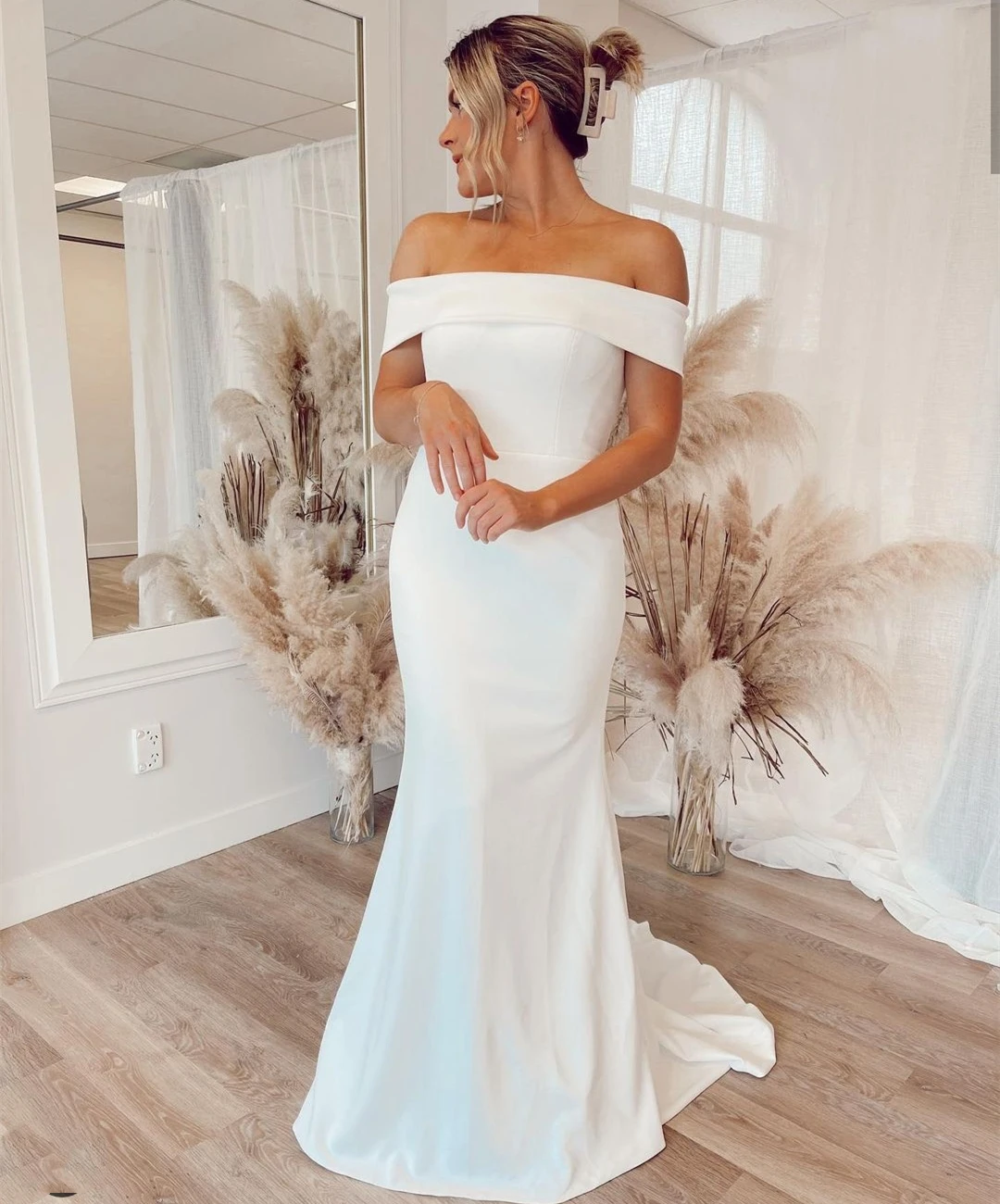 

Simple Mermaid Wedding Dress Women 2024 Off The Shoulder Zipper Satin Sweep Train Civil Marriage Bridal Gown Vestidos De Noiva