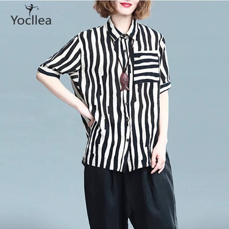 

Summer striped women Blouse short sleeve cotton linen Casual shirts blouse blusas feminina Loose Plus size Women Tops