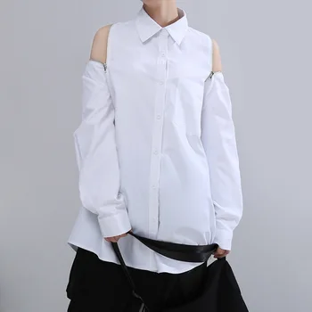 

Women Spring Temperament Slim Zippered Patchwork Backless Strapless Long Sleeved Solid Color Shirt Fashion Tide Big Size