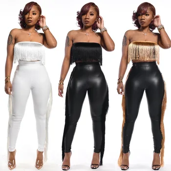 

faux leather two piece set women tassel 2 piece set female two pieces sets winter women's suits