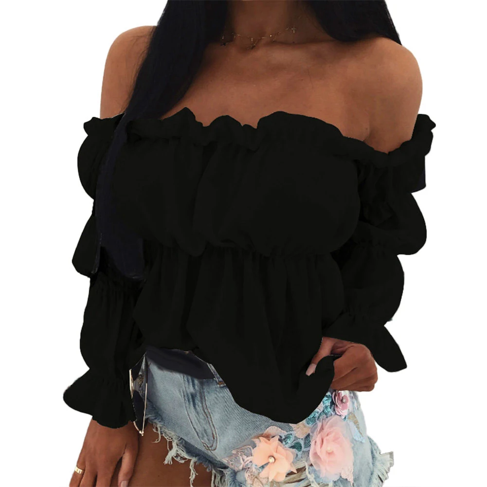 Women Blouse Solid Color Long Sleeve Lace Off Shoulder Ruffled Edges Short Blouse Shirt Ladies Top Clothing блузка женская 2020 blouses & shirts