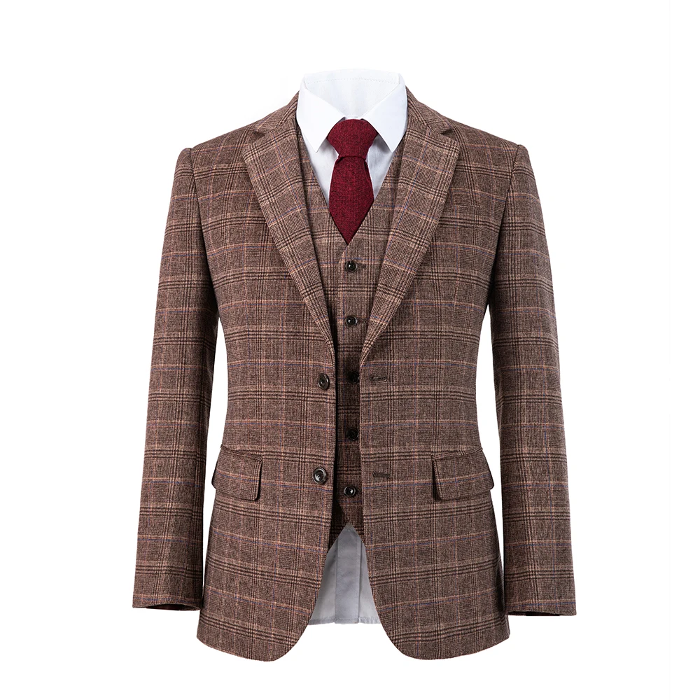 

Wool woolen Brown overcheck tweed men suit Custom made Retro men wedding blazer suit 3pcs