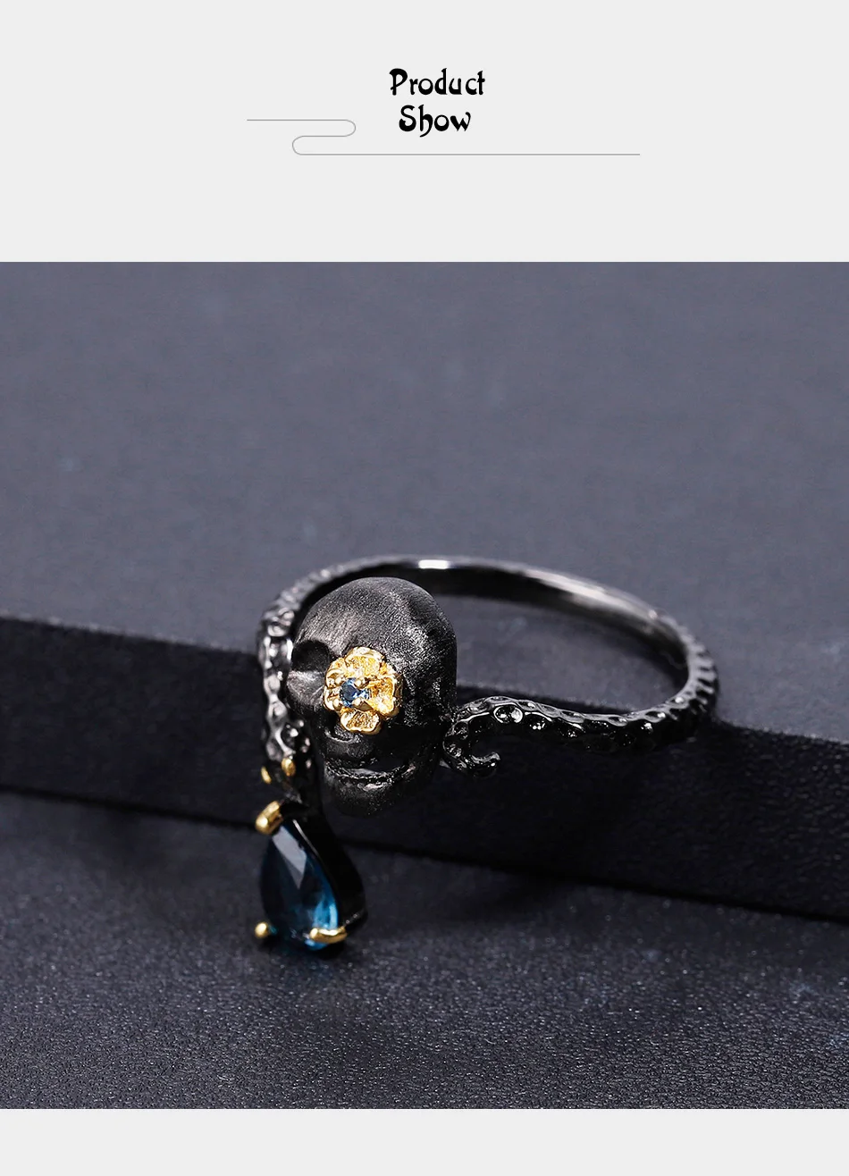 GEM'S балетное 925 пробы Серебряное Открытое кольцо ручной работы 0.84Ct натуральный Лондон Голубой топаз череп из драгоценных камней кольцо для женщин хорошее ювелирное изделие