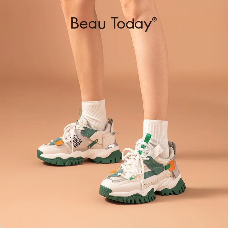 BeauToday Chunky Sneakers Women Split Leather Mesh Patchwork LaceUp Thick Sole Comfy Lady Shoes Handmade 29383