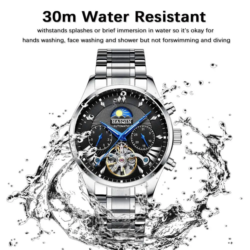 HAIQIN мужские часы автоматические механические наручные часы водонепроницаемый кожаный браслет часы для мужчин Tourbillon часы Reloj Hombre