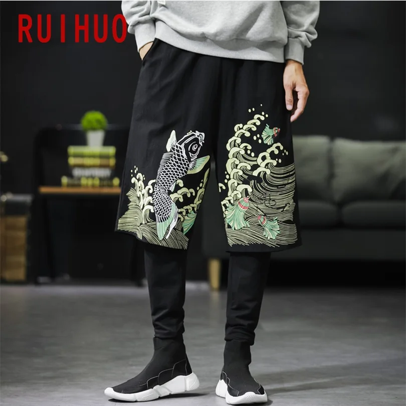 RUIHUO, японский стиль, льняные брюки с принтом карпа, мужская Японская уличная одежда, спортивные штаны, Мужские штаны для бега, Мужские штаны в стиле хип-хоп, 5XL, Новинка осени