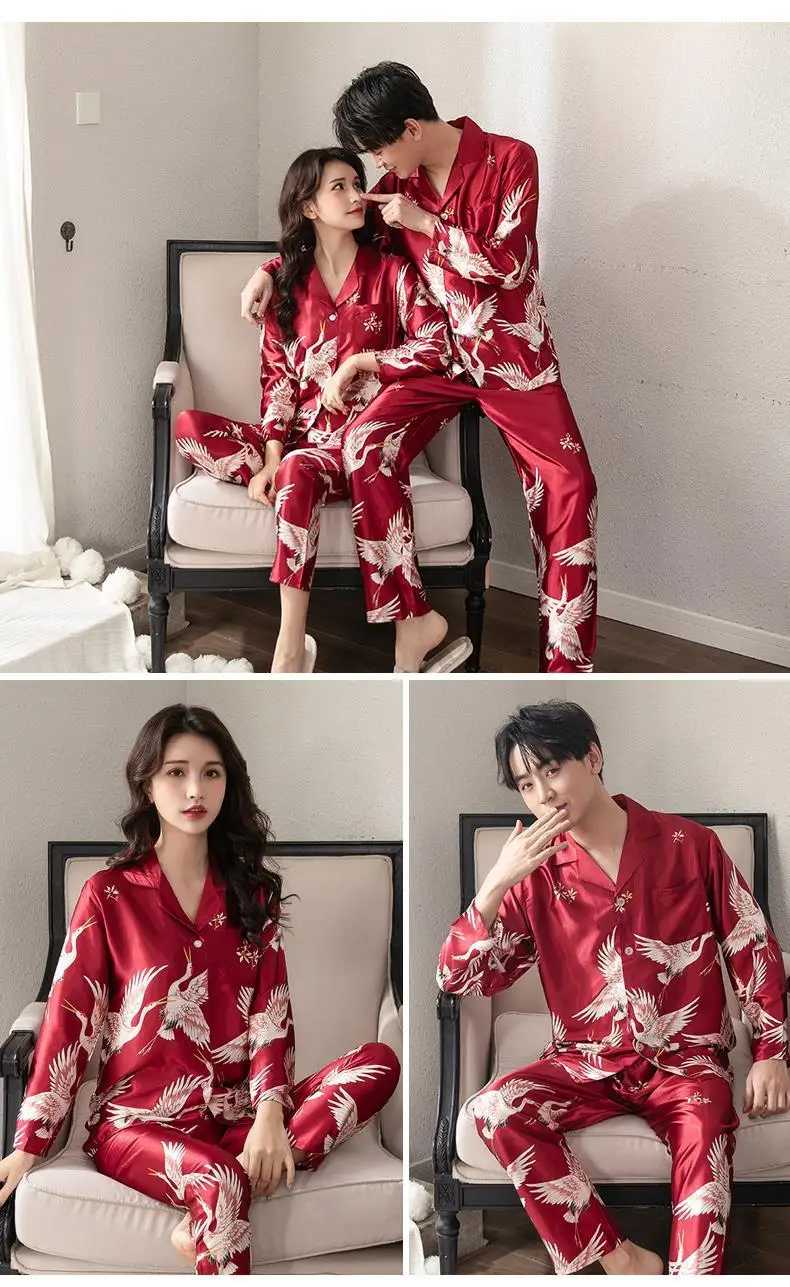 Lovers Ice Silk Men Pajamas 2pcs Fashion Summer Pajamas Set Casual Print Sleepwear Couples Home Clothes Long Sleeve Pyjamas men's loungewear sets