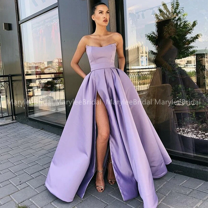 Vestido de graduación de lavanda sin tirantes con bolsillos, falda drapeada con alta, vestido vermelho largo el suelo, de fiesta de graduación| - AliExpress