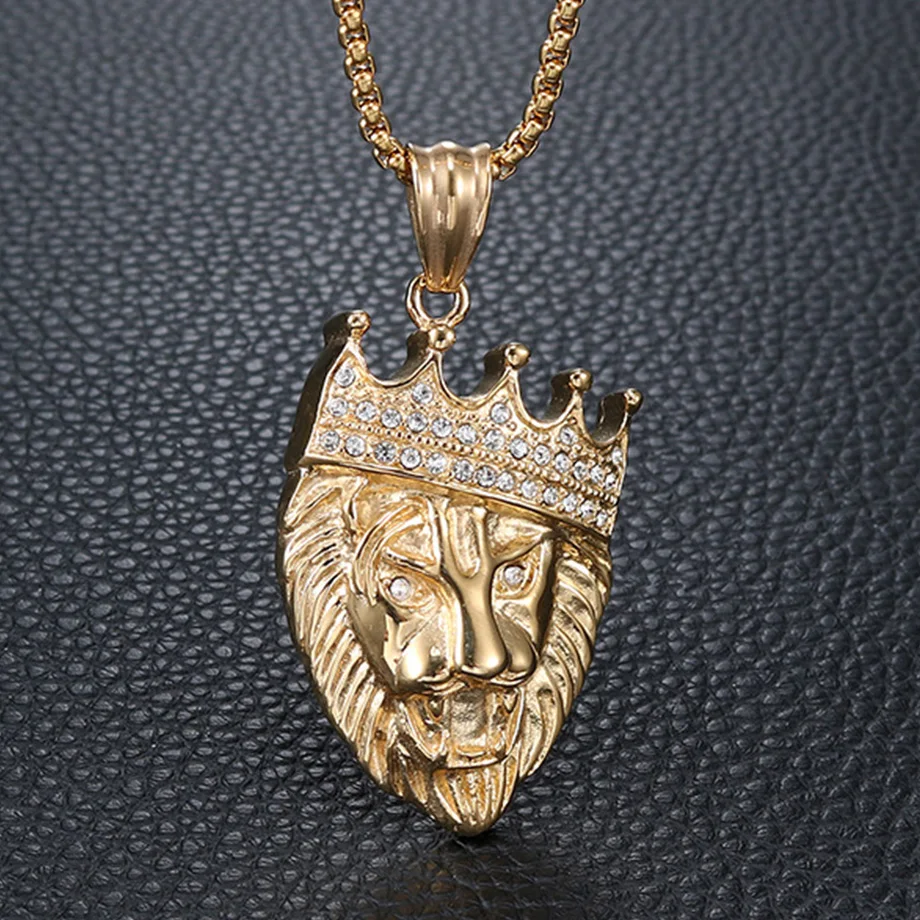 

Hip Hop Stainless Steel Crown Lion Head Necklace Pendant & Chain Male Gold Color Iced Out CZ Bling Animal Jewlery Dropshipping