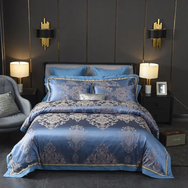 Pure blue Bed cover Satin jacquard bedding set Quilting bed Cover