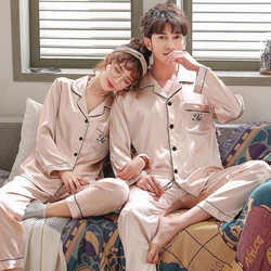 Spring Autumn Couple Long Sleeve Pajamas Set Plus Size Sleepwear Nightwear Casual Soft Pyjamas Satin Homewear