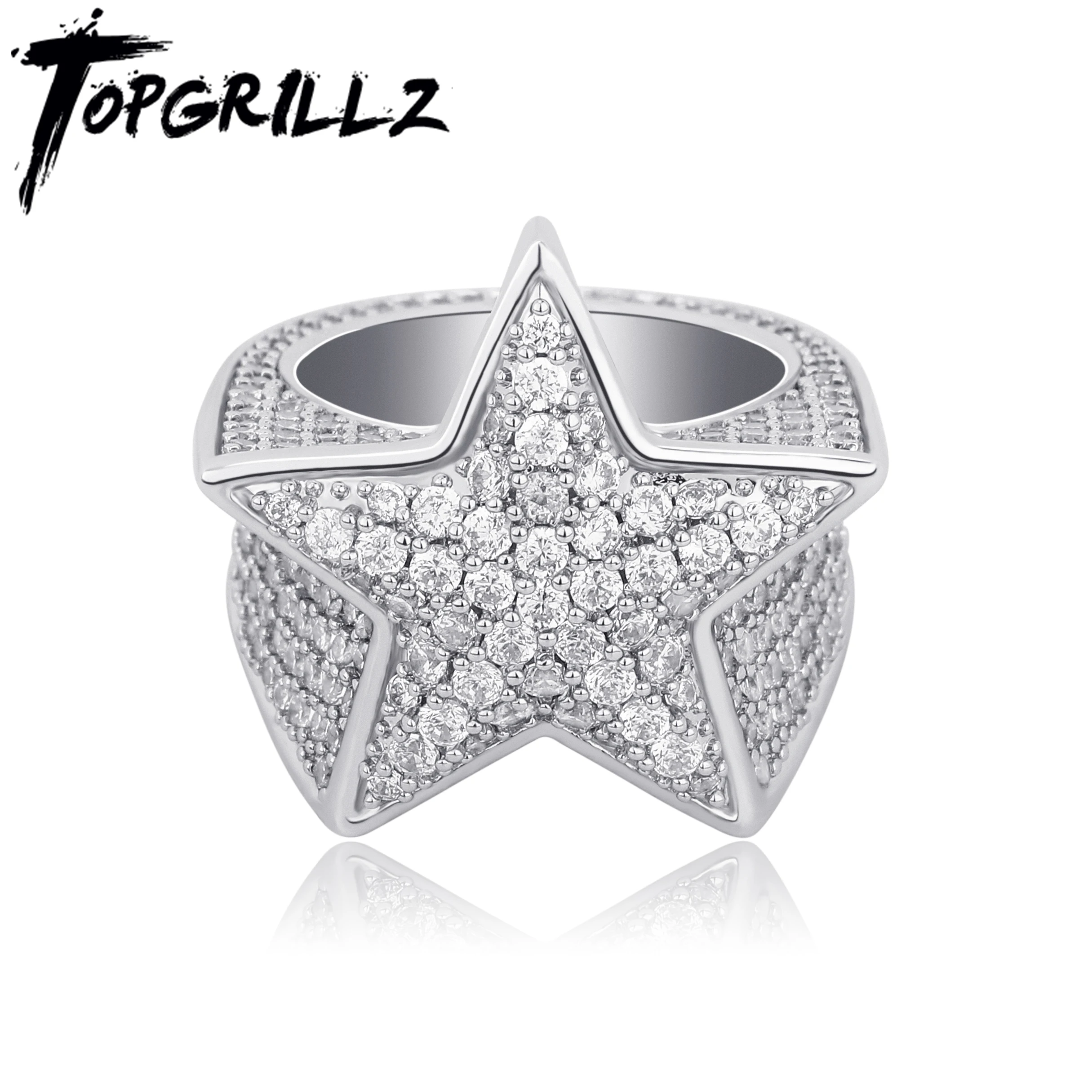 TOPGRILLZ 2022 New Five Star Ring Micro Pave Inlaid Zircon Gold Color Hip Hop Iced Crystal Cubic Zircon Jewelry For Gift Ring