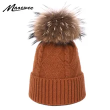 Модная женская шапка Меховые помпоны шапочки шапки s настоящий помпон из меха енота девушки шерстяные шапки в стиле бини для женщин Женский головной убор из плотной ткани