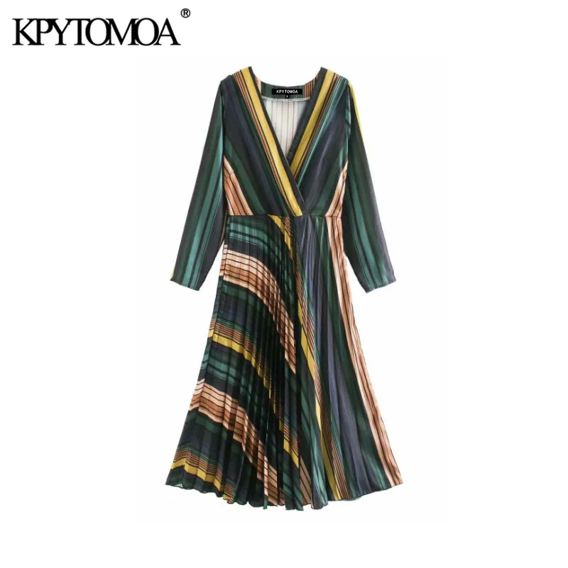 Vintage Elegant Color Striped Pleated Midi Dress Women 2020 Fashion V Neck Long Sleeve Side Zipper Female Dresses Vestidos Mujer Vintage Elegant Color Striped Pleated Midi Dress Women 2020 Fashion V Neck Long Sleeve Side Zipper Female Dresses Vestidos Mujer