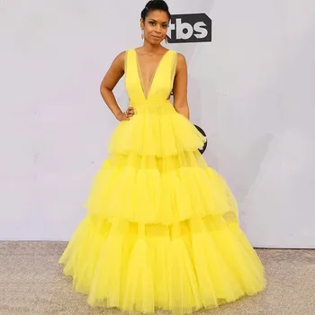 

Yellow 2019 Formal Celebrity Dresses Ball Gown Deep V-neck Tulle Tiered Long Famous Red Carpet Dresses