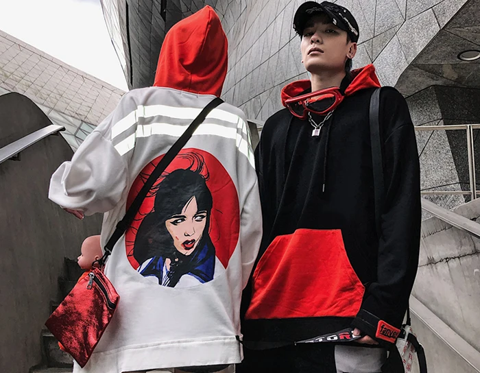 AELFRIC японский стиль комиксов печатных мужские толстовки с капюшоном Harajuku Лоскутные толстовки повседневные хлопковые модные пуловеры уличная одежда