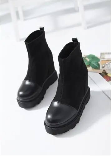 Slope round head high heel booties wild sponge cake thick bottom short tube women's shoes Martin boots