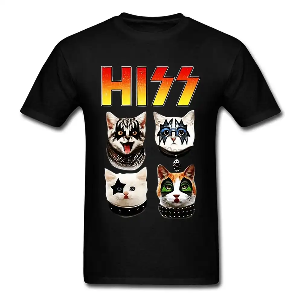 Смешные футболки KISS Hiss с карикатурой рок группа Мяу Мужская футболка хип хоп