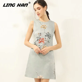 

LINGHAN Designer Women Spring Summer 2020 Floral Print Bead Sleeveless Mini Dress Elegant Dresses